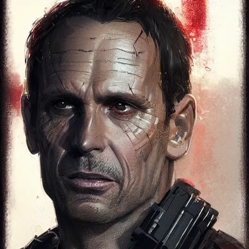 Image similar to portrait of a man by greg rutkowski, he looks like michael biehn, he is wearing a tactical superhero gear, highly detailed portrait, digital painting, artstation, concept art, smooth, sharp foccus ilustration, artstation hq