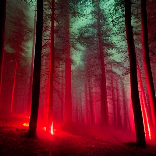 Image similar to dark forest night lights dim red volumetric rendering rave