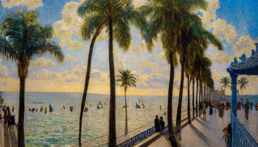 Image similar to a ultradetailed beautiful painting of the thunderstorm sky of the rio de janeiro palace balustrade designed by jules bastien - lepage, tarsila do amaral, frank weston and gustave baumann, beach, trending on artstation, mediterranean, palm trees, sharp focus, colorful refracted sparkles and lines, soft light, 8 k 4 k