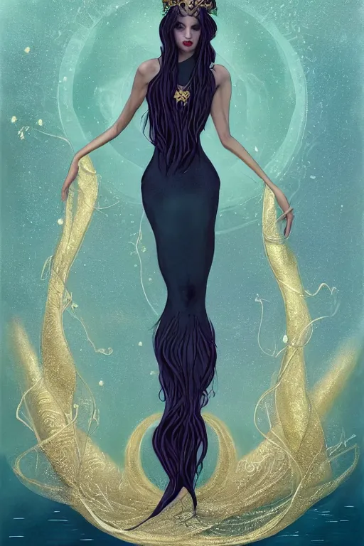 Image similar to a beautiful dark androgynous mermaid, pinup pose, long hair, tall and thin, wearing dozens of pendants and a gown of gold, small delicate crown of the sea on her head, illustration, dramatic lighting, soft details, painting oil on canvas, (art nouveau), octane render, HDR, 4k, 8k, HD, by Brom, Charlie Bowater, faces by otto schmidt