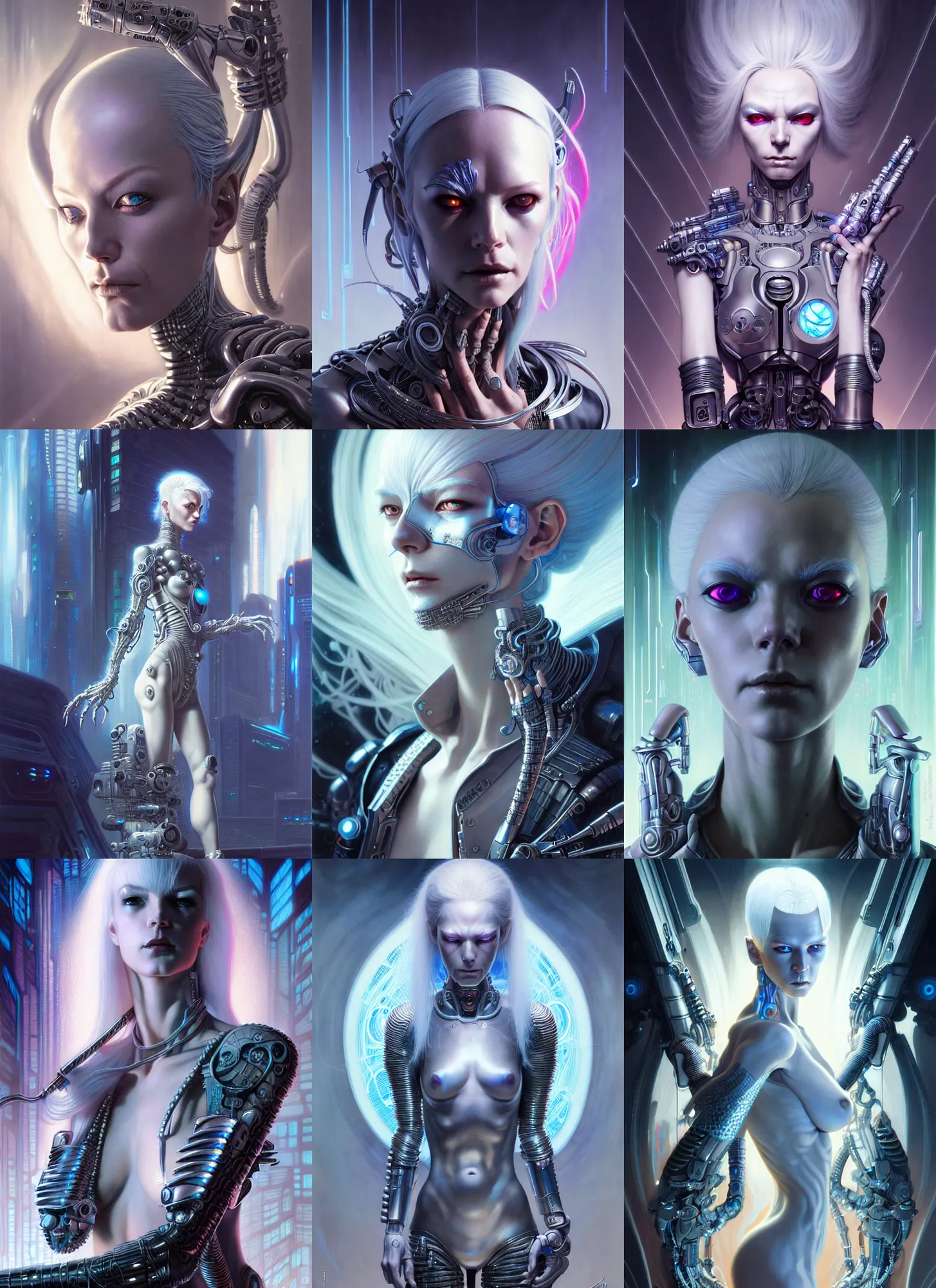 Image similar to silver haired cyberpunk girl, dramatic lighting, ultra realistic, intricate details, the fifth element artifacts, highly detailed by peter mohrbacher, allen williams, hajime sorayama, wayne barlowe, boris vallejo, aaron horkey, gaston bussiere,