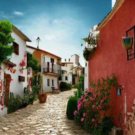 Prompt: A Spanish village. Clean, flat, Scandinavian retro, 4k, digital art.