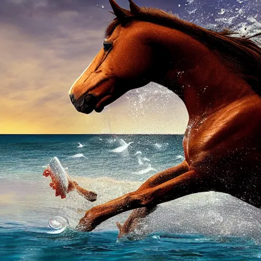 Image similar to horse swimming in the ocean with fork and knife, photorealistic, high detail