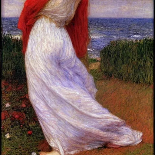 Prompt: lady of shallot by john william waterhouse, rosetti, monet, william holman hunt, 8 k