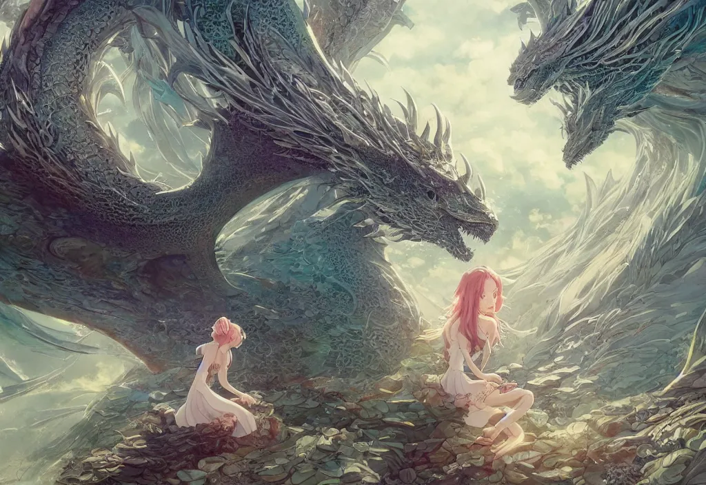 Prompt: the beautiful hyper detailed scene render that a lonely single beautiful girl lies in the arms of a huge silver dragon alone in the fairyland surrounded by white clouds, in the style of makoto shinkai victo ngai and peter mohrbacher studio ghibli artgerm karol bak beeple, cinematic, absolutely beautiful, ultra wide angle, animation style, 8 k hd