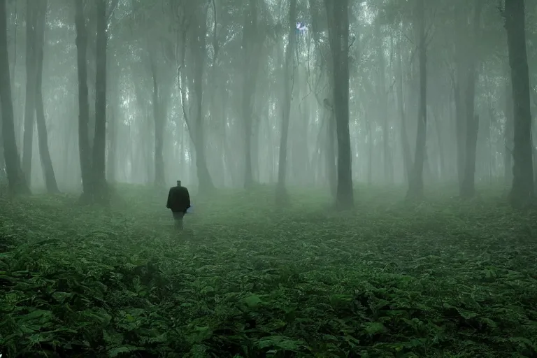 Image similar to a complex organic fractal 3 d ceramic humanoid megastructure in a lush forest, foggy, cinematic shot, photo still from movie by denis villeneuve