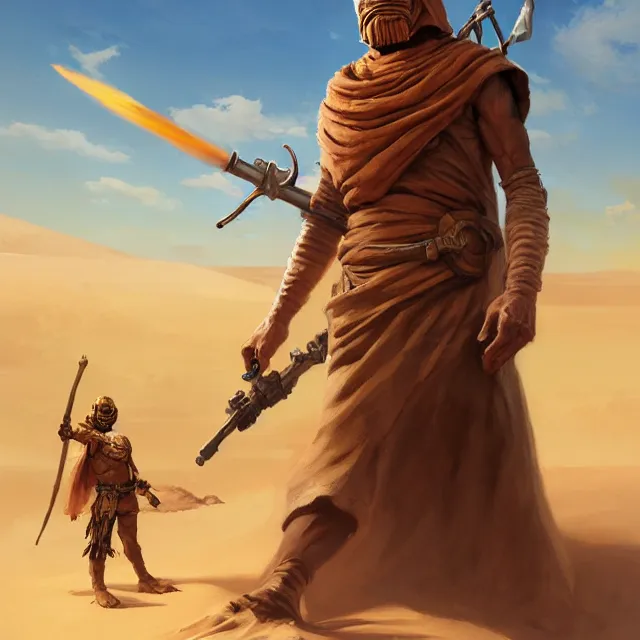 Prompt: sandpeople tusken raider by stanley artgerm lau, wlop, rossdraws, frank frazetta, andrei riabovitchev, marc simonetti