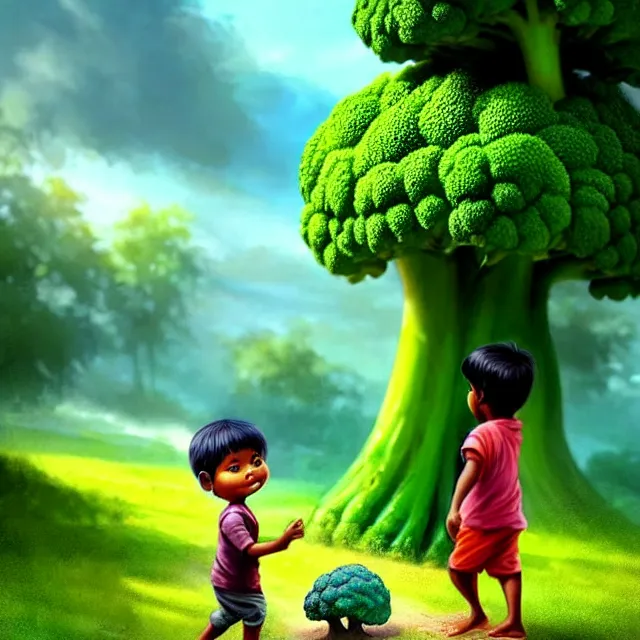 Prompt: epic professional digital art of an East Indian toddler boy walking beside a giant anthropomorphic friendly broccoli, best on artstation, cgsociety, wlop, Behance, pixiv, astonishing, impressive, outstanding, epic, cinematic, stunning, gorgeous, breathtaking comic style fantasy art, masterpiece.