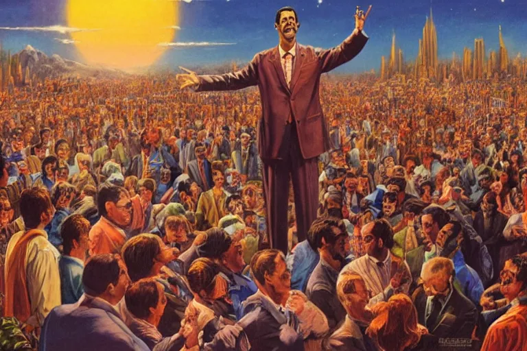Prompt: a picture of a happy subgenius - salesman at a alter speaking to a crowd of cultists offering dollars, stars in the sky, sunrise, a detailed matte painting by mort kunstler, pixiv, kitsch movement, city background, movie poster, official art