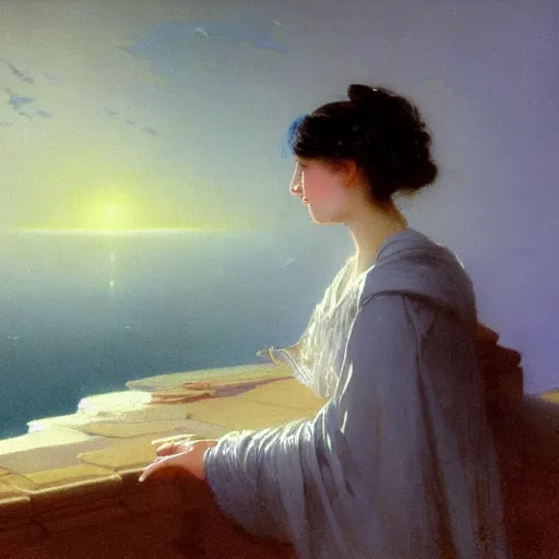 Image similar to a young woman's face, her hair is silver and she wears a cobalt blue satin cloak, by ivan aivazovsky and syd mead and moebius and gaston bussiere and roger dean and pieter claesz and paul delaroche and alma tadema and aelbert cuyp and willem claesz, hyperrealistic, volumetric light, octane render