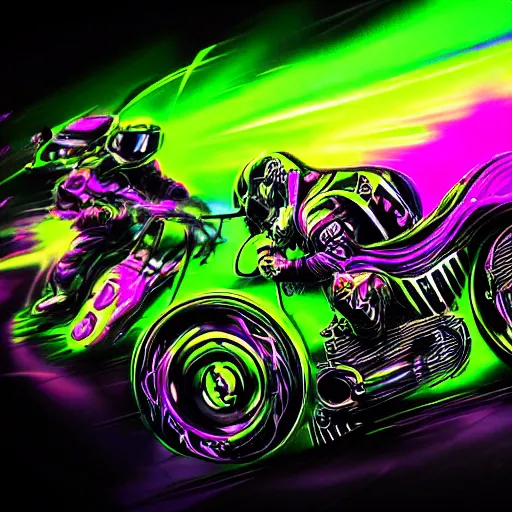 Prompt: psychedelic blacklight neon airbrush artwork, motorcycle, hyper stylized cinematic action shot of an orc racing on a motorcycle, motogp, menacing orc, drifting, skidding, popping a wheelie, clear focused details, soft airbrushed artwork, black background, post apocalypse, cgsociety, artstation, peter lloyd art, peter palombi art