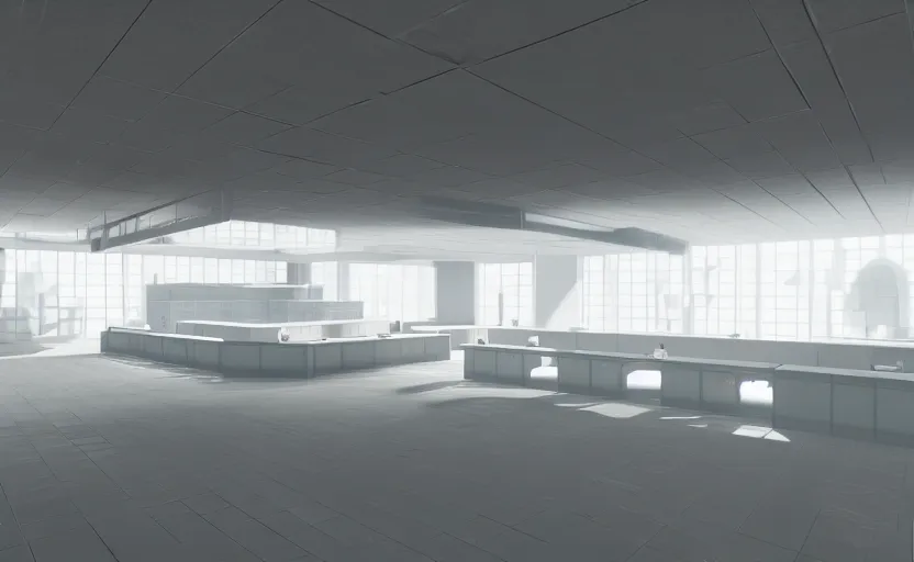 Prompt: screenshot of game on unreal engine 5, a large white empty breakroom with a security checkpoint, photorealistic, retrofuturism, brutalism, staggered terraces, minimalist, soft vintage glow