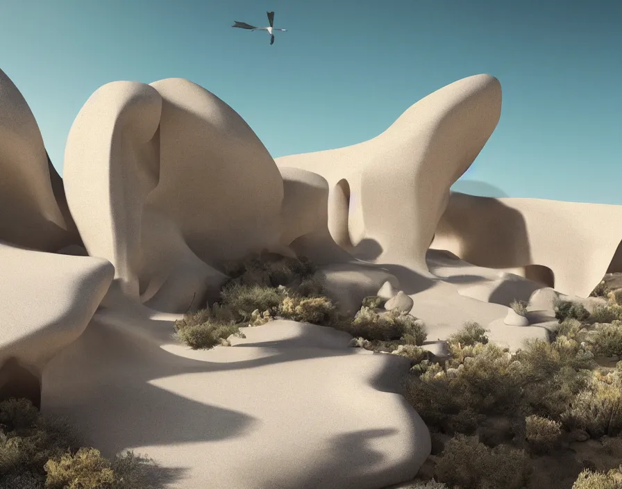 Prompt: desert, white, transitions between flying rocks, minimalist architecture, stone grotto in the center, portal. zaha hadid, oscar niemeyer, architectural rendering. trending on artstation. vogue magazine. halo. octane rendering, cinematic, hyperrealism, bokeh. iridescent accents. teal gold and blue color scheme