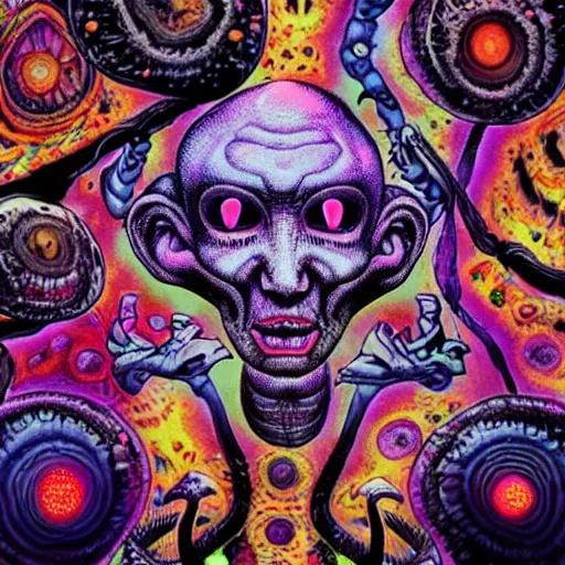 Image similar to Joe Rogan and Aliens eating mushrooms, psychedelic, hyperdetailed, trending on instagram, 4k