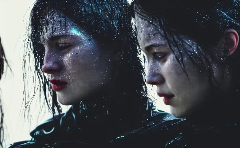 Image similar to cinestill 5 0 d candid photographic portrait by christopher nolan of two loving female androids sobbing wearing rugged black mesh techwear in treacherous waters, medium closeup, modern cyberpunk moody emotional cinematic, pouring iridescent rain bright spotlight, 8 k, hd, high resolution, 3 5 mm, f / 3 2, ultra realistic faces, ex machina