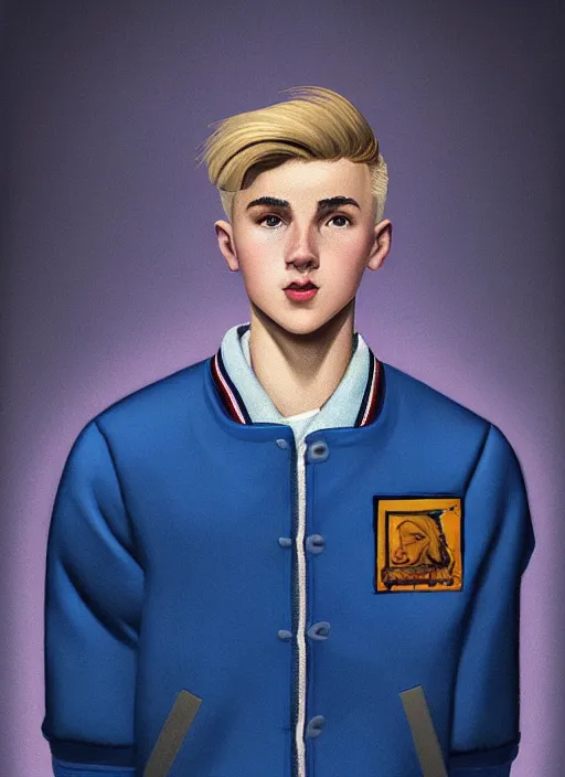 Image similar to portrait of a high school senior boy named moose mason, blonde short hair, jock, beefy, square jaw, square facial structure, 1 9 5 0 s, blue varsity jacket, intricate, elegant, glowing lights, highly detailed, digital painting, artstation, concept art, smooth, sharp focus, illustration, art by wlop, mars ravelo and greg rutkowski