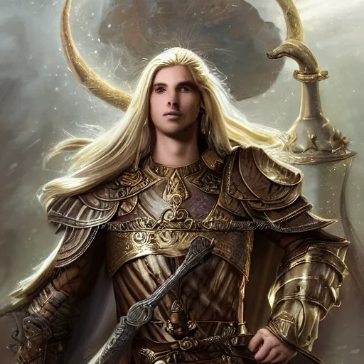 Image similar to Full body shot of beautiful male cleric with long flowing blonde hair wearing burnished bronze armour emblazoned with a swan on the breastplate. Wielding a magical scimitar embossed with the phases of the moon. Magic, bright divine lighting, flux. High fantasy, digital painting, HD, 4k, detailed by Ruan Jia