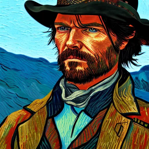 Image similar to John Marston (from Red Dead Redemption 2) in the style of Vincent Van Gogh, masterpiece digital painting, 4k wallpaper, intricate detail, beautiful, gorgeous, stunning, artstation