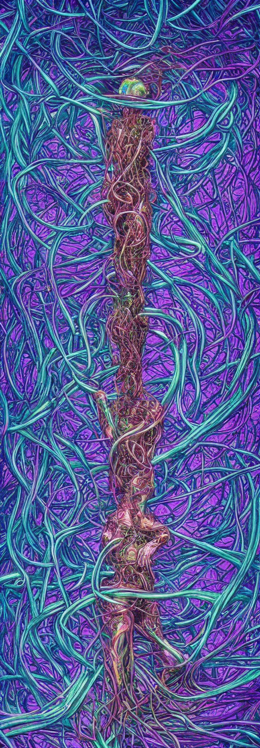 Prompt: a person trapped in the fetal position inside of extremely thick iridescent vines intertwined, central circular composition, high saturation, epic lighting, in the style of Peter gric and Amanda Sage 8k