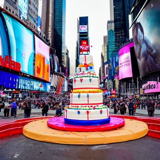 Image similar to 5 0 ft high birthday cake in the middle of times square, canon eos r 3, iso 2 0 0, 1 / 1 6 0 s, 8 k, raw, unedited, symmetrical balance, in - frame