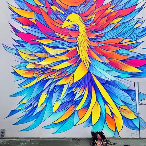 Prompt: A beautiful street art of a large, colorful bird with a long, sweeping tail. The bird is surrounded by swirling lines and geometric shapes in a variety of colors axonometric by Miho Hirano opulent, mournful