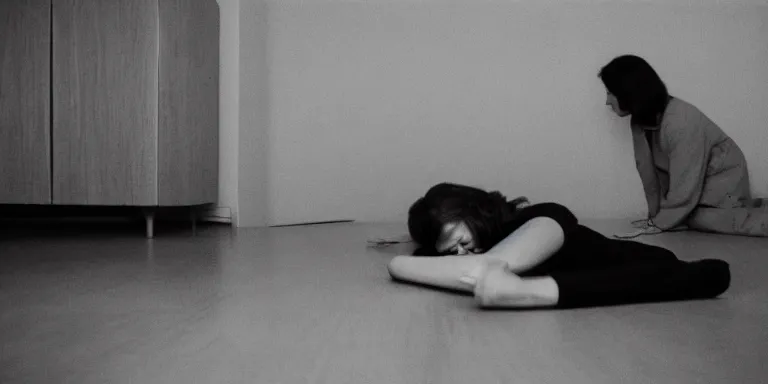 Image similar to photorealistic Cinematography of a woman crying on the floor at night in a mid century modern apartment shot on film at magic hour in a room filled with volumetric haze by the shining Cinematographer john alcott on a cooke panchro 18mm lens .