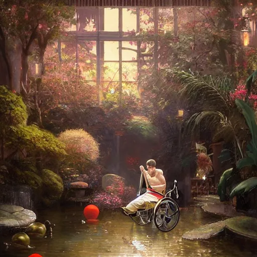 Image similar to handsome portrait of a wheelchair guy fitness posing, radiant light, caustics, war hero, smooth, one legged amputee, reflective koi pond, party balloons, white orchids, mushrooms, lush garden surroundings, by gaston bussiere, bayard wu, greg rutkowski, giger, maxim verehin