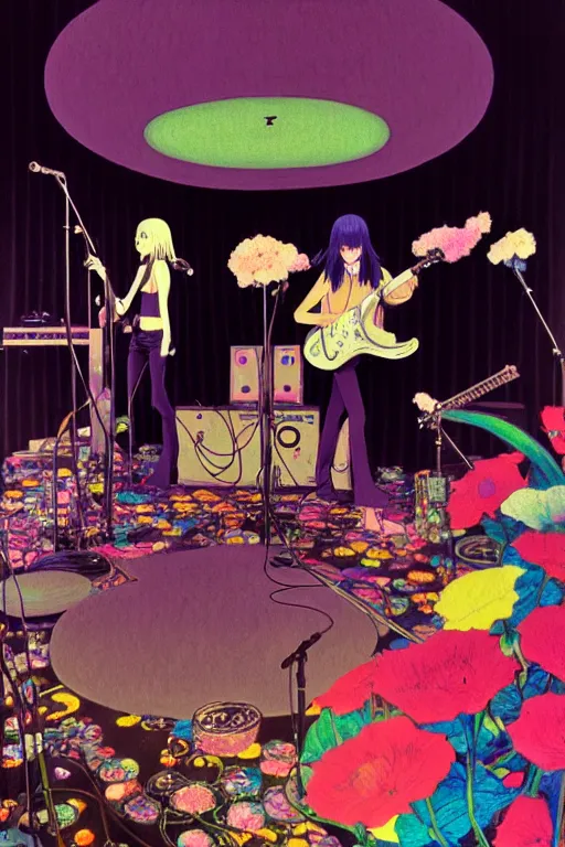 Image similar to the velvet underground and nico playing live on stage at a night club, beautiful stage decoration with flowers in the background, painting by hayao miyazaki, very detailed and colorful and toned down and ornamental and moody and cool and relaxed and high on drugs, trending on artstation, behance contest winner