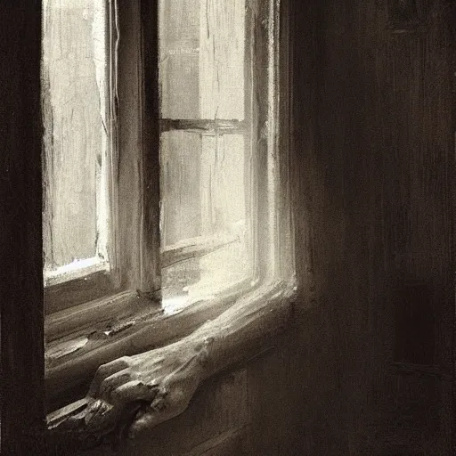 Prompt: weathered hands resting on a window sill, soft light, by jeremy mann, anders zorn.