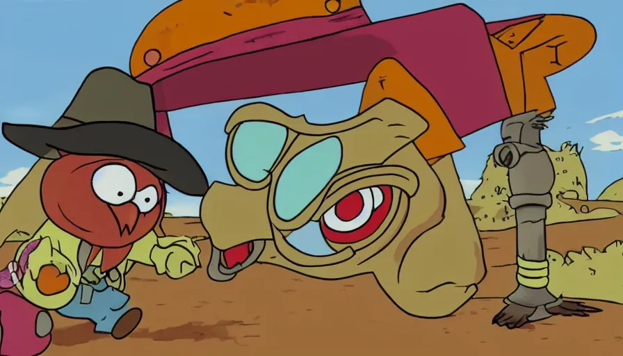 Prompt: 1990s cartoon show screenshot about a gunslinging owl from the wild west, wearing a cowboy hat an eye mask, standing in an old west town the animated show