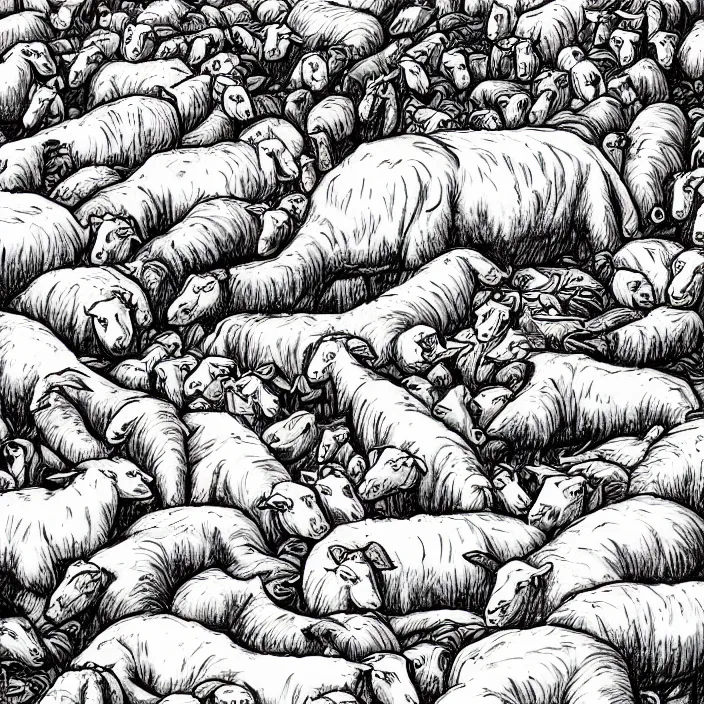 Image similar to a herd of sheep lying dead, piles of gigantic fruit, naivistic art, childrens drawing, story book illustration, expressive, colorful, schizophrenic, paranoid