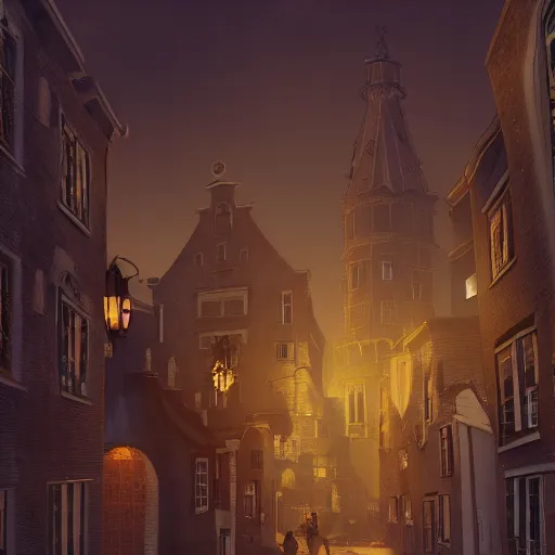 Prompt: a magical town with a few very tall crooked buildings, inspired by amsterdam and victorian england, night time, magical realism, dreamlike, digital painting, highly detailed, concept art, game art, matte painting, trending on artstation, octane render, 8 k, unreal engine