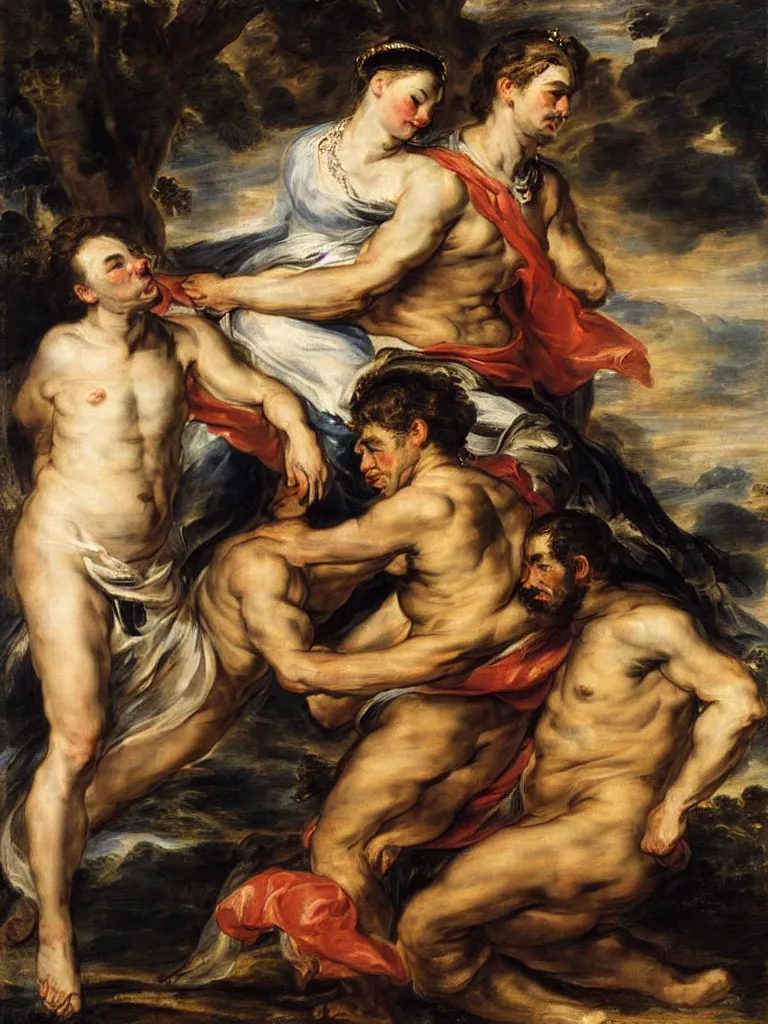 Prompt: a soldier lays his hand on top of the queens head, by peter paul rubens and eugene delacroix, intimate, relaxed posture, high definition, delicate, dimly lit, private moment