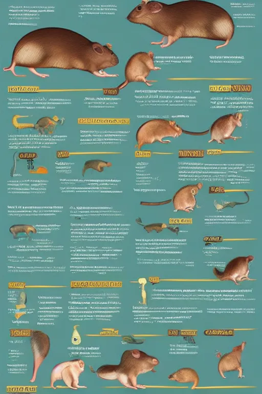 Image similar to breeds of rodents, infographic of new species of large rodent that come in new colors for pet owners, rodent morphs, rodent races, comparisons of different rodents, detailed scientific illustration