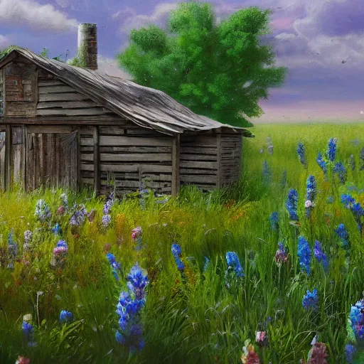 Image similar to a matte painting of a midwestern countryside, shack close up, overgrown, patchy flowers, oil painting, pale colors, high detail, 8 k, wide angle, trending on artstation,