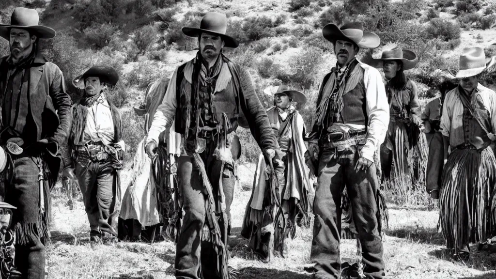 Image similar to a film still from a western movie in mexico, black and white, wide lens,