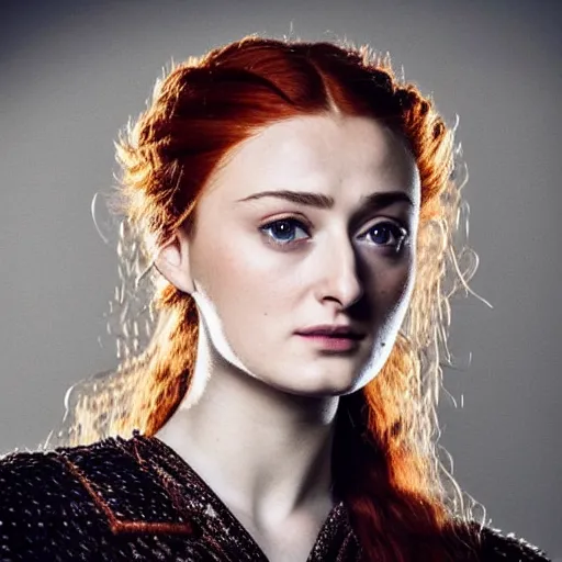 Image similar to portrait beautiful sansa stark, high detail, dark dramatic light