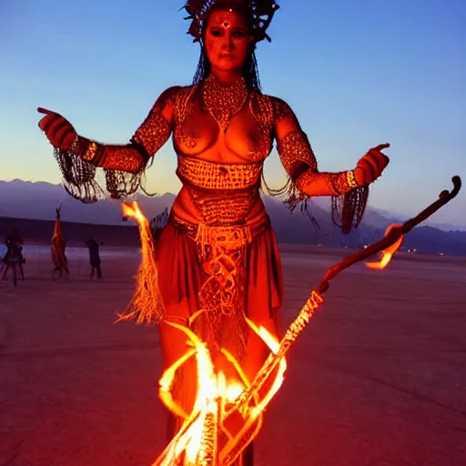 Prompt: hindu goddess of firespinning, burning man, fire poi, fire staff, tesseract, intricate