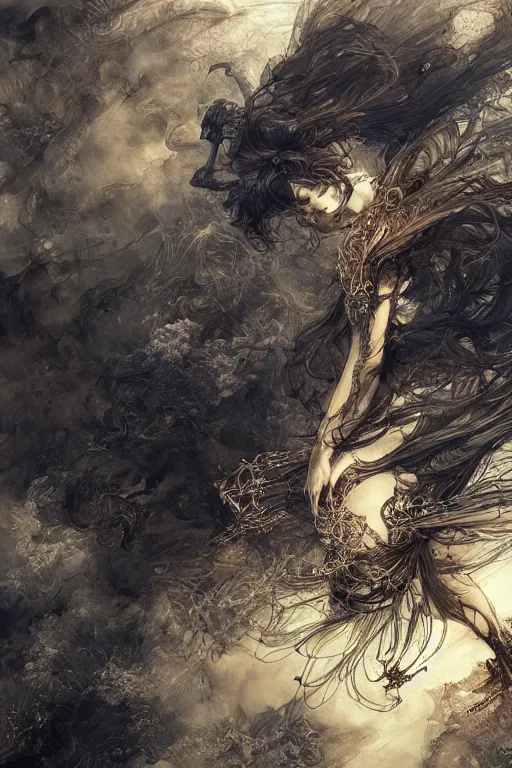 Image similar to portrait of of a flying beauty over meadows of fire, intricate line drawings, by Yoshitaka Amano, Ruan Jia, Kentaro Miura, Artgerm