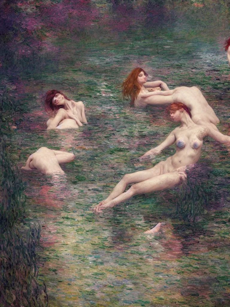 Image similar to illustration studio portrait of three dark beautiful woman bodies mermaids female energy in artistic poses in the river at the forest, monet painterly motives and textures pattern, hyper detailed, octane render, vivid colors, artstation, by jeremy mann, by alphonse mucha, by monet