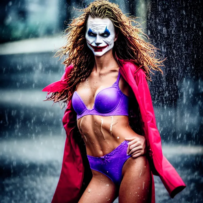 Image similar to fully body pose, photo of a very beautiful!! victoria secret model, the joker, wet hair, raining, 8 k, hdr, smooth, sharp focus, high resolution, award - winning photo, trending on artstation, dslr, 5 0 mm