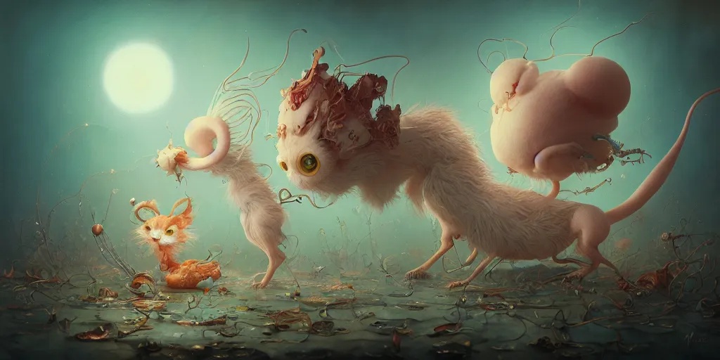 Image similar to a cute strange animal illustrated by miyazaki by karol bak, james jean, tom bagshaw, rococo, sharp focus, trending on artstation, cinematic lighting, hyper realism, octane render, 8 k, hyper detailed, vivid, ultra detailed, highly detailed