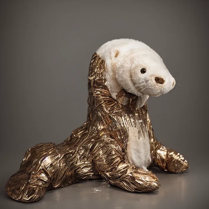 Prompt: hybrid plushy otter, photorealism, white detail plastic biomechanical with gold, copper, bronze, chrome by lee jeffries, erik johansson, supersampled, 8 k, beautify