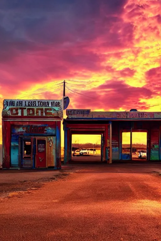 Image similar to a sunset light landscape with historical route 6 6, lots of sparkling details and sun ray ’ s, blinding backlight, smoke, volumetric lighting, colorful, octane, 3 5 mm, abandoned gas station, old rusty pickup - truck, beautiful epic colored reflections, very colorful heavenly, softlight