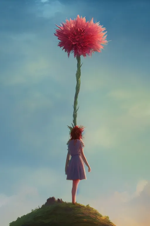 Image similar to closeup, giant flower head, girl standing on cliff, surreal photography, sunrise, blue sky, dramatic light, impressionist painting, digital painting, artstation, simon stalenhag