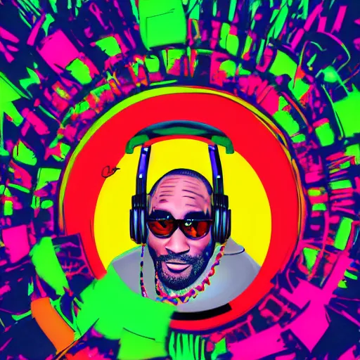 Image similar to svg sticker of a Dancing-Ben-Harper-Snoop-Spike-Lee-with-a-large-Afro-Puff, at a rave, spinning records, giant headphones rocking out, wearing headphones, huge speakers, dancing, rave, DJ, spinning records, digital art, amazing composition, rule-of-thirds, award-winning, trending on artstation, featured on deviantart