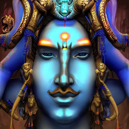 Image similar to blue bodied lord shiva, on his workbench, engineering a human - elephant hybrid to life, vivid and colorful, cinematic, highly detailed, artstation