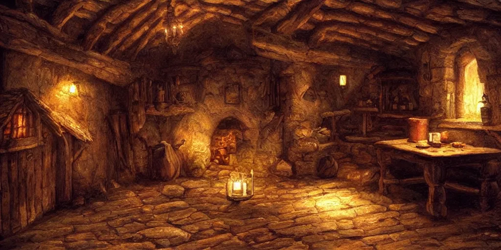 Prompt: medieval cottage interior at night, fantasy