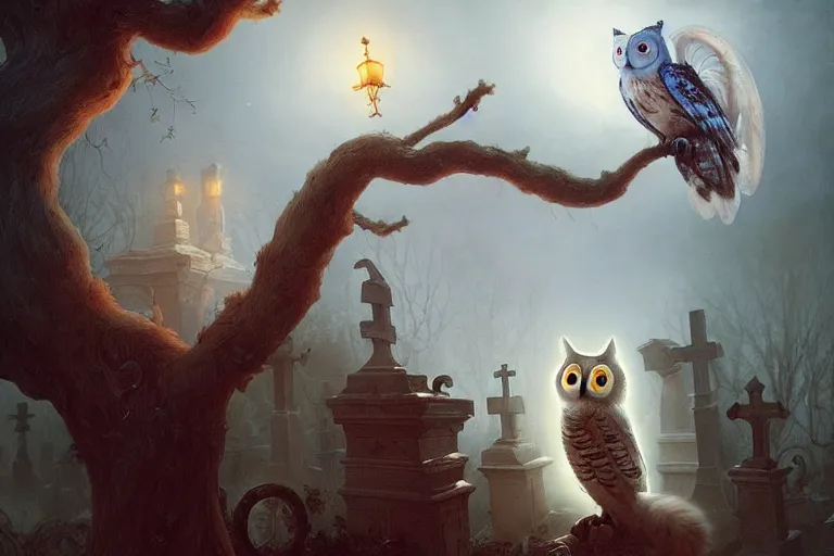 Prompt: casper the friendly ghost flying over a graveyard at midnight, chasing a cat, an interesting owl in a tree, cinestill, painted by james jean and gaston bussiere, very detailed and cute and cozy and transparent, backlight, fog, mist, trending on artstation