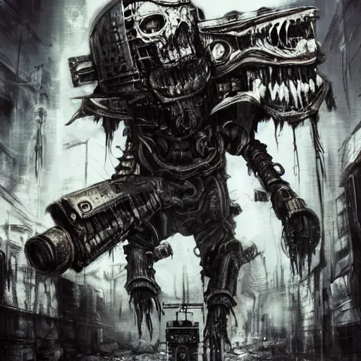 Image similar to a terrifying portrait of judge death as a sherman tank in a cyberpunk city by simon bisley, extremely hyperdetailed, extreme photorealism, eerie low lighting, disturbing evil atmosphere, mixed media illustration, masterpiece, horror, long fangs and claws, intricate, highly detailed, 8 k, artstation, concept art, smooth, sharp focus, full color